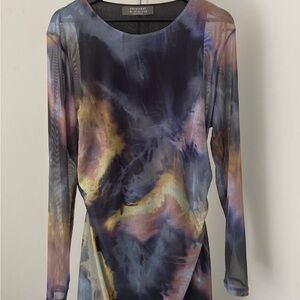 Primark Women's Long Sleeve Abstract Tie-Dye Top in Navy, Purple, Gold, Pink